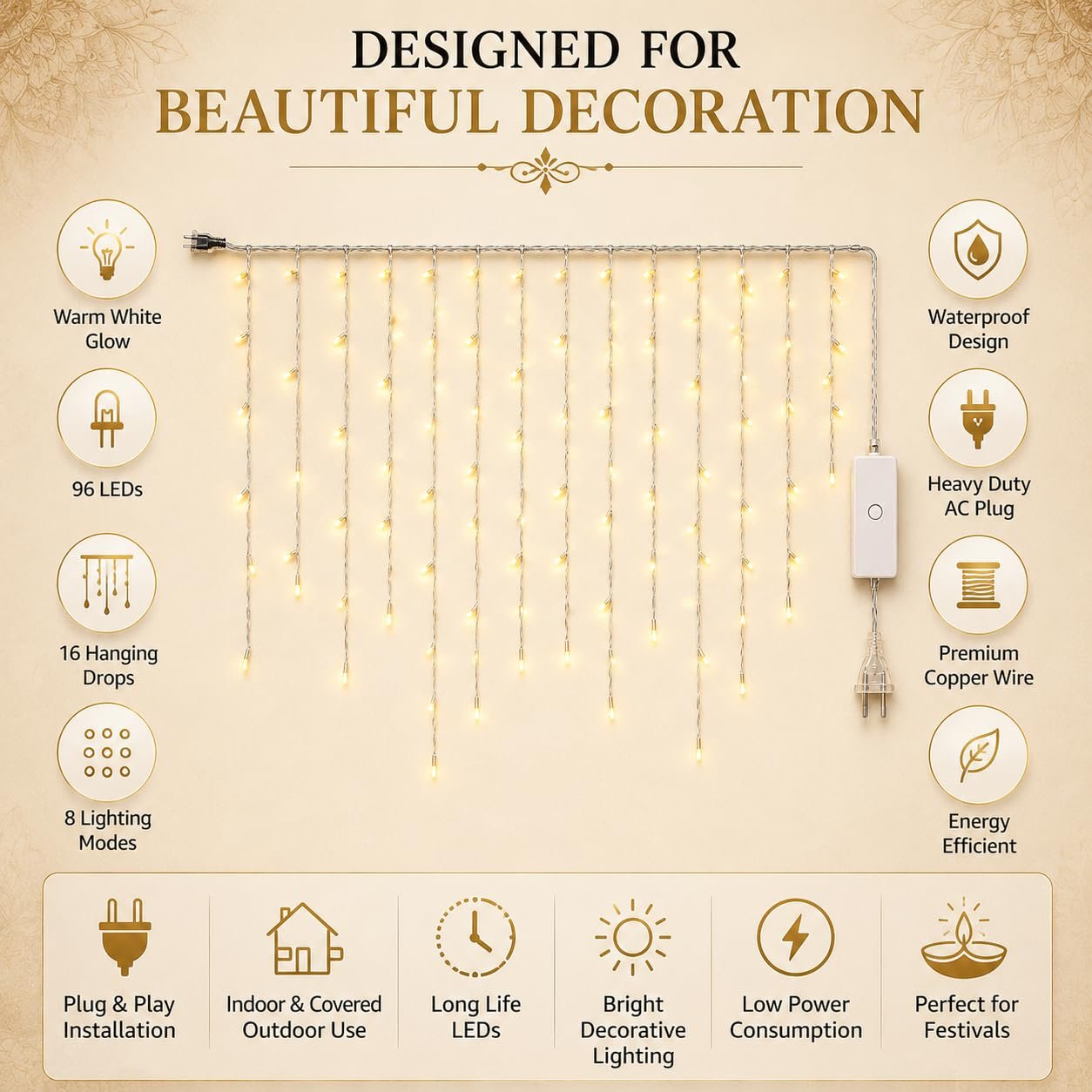 Buy Desidiya 96 LED Icicle Lights (10 Ft with 8 Modes) - Best Festival Deals House light